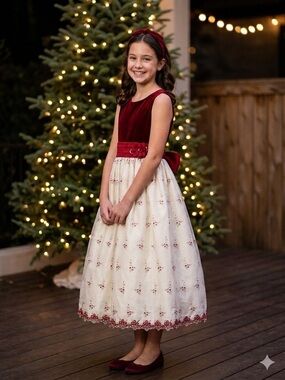 CINDERELLA Vintage Inspired Embroidered Holiday Dress 12 Red/Ivory EUC
